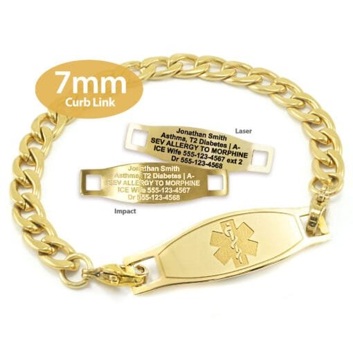 Curb Link Bracelet in 316L Stainless Steel Yellow Gold Finish with Medical ID Tag - 7mm (CG7-2)