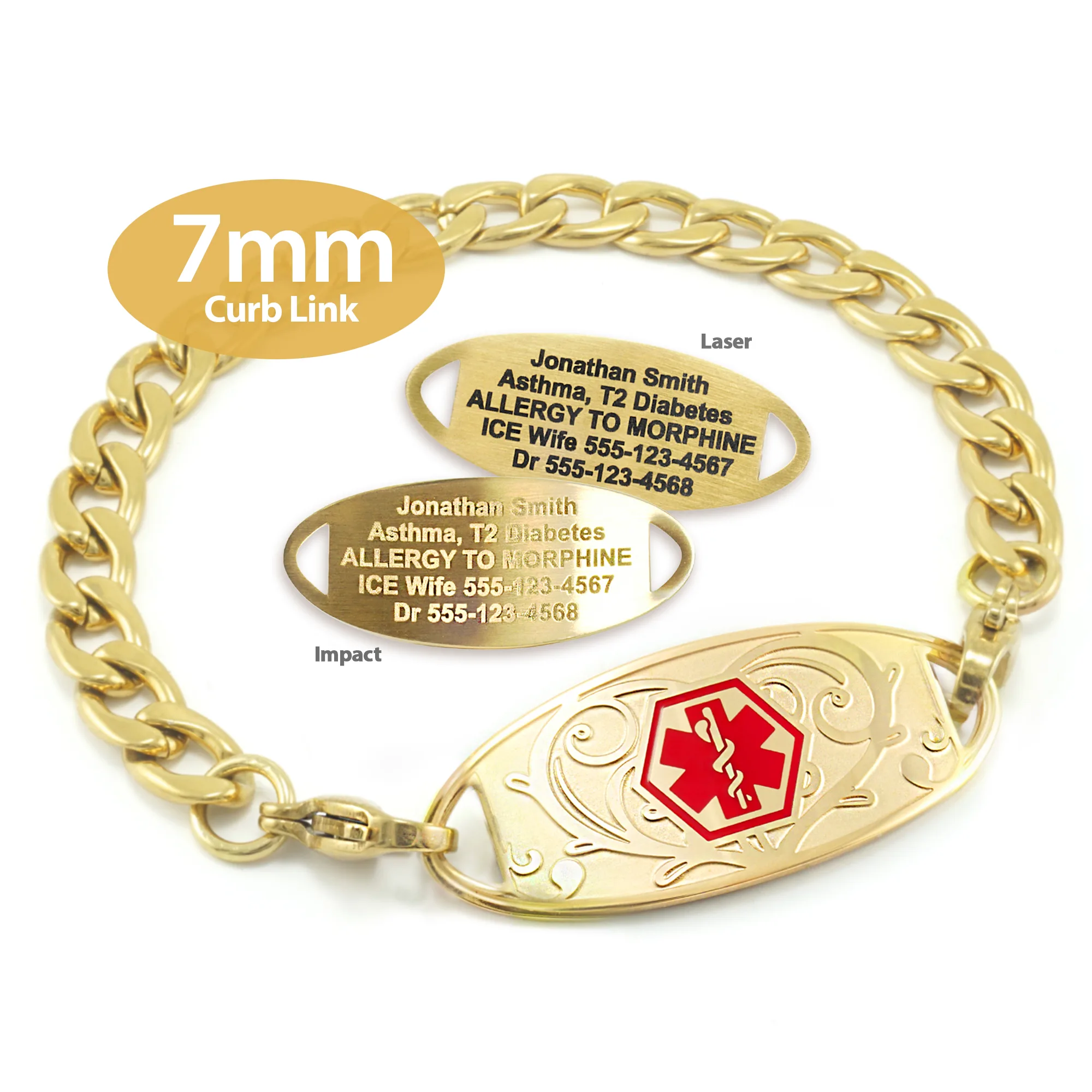 Curb Link Bracelet in 316L Stainless Steel Yellow Gold Finish with Medical ID Tag - 7mm (CG7-1)