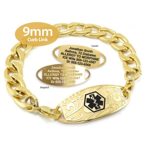 Curb Link Bracelet in 316L Stainless Steel Yellow Gold Finish with Medical ID Tag - 9mm (CG9-1)