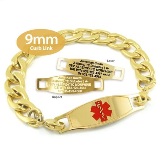 Curb Link Bracelet in 316L Stainless Steel Yellow Gold Finish with Medical ID Tag - 9mm (CG9-2)