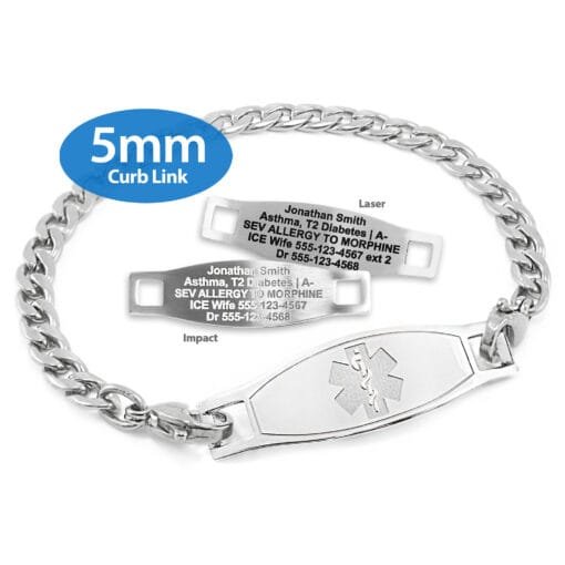 Curb Link Bracelet in 316L Stainless Steel with Medical ID Tag - 5mm (CS5-2)