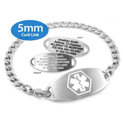 Curb Link Bracelet in 316L Stainless Steel with Medical ID Tag - 5mm (CS5-1)