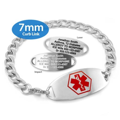 Curb Link Bracelet in 316L Stainless Steel with Medical ID Tag - 7mm (CS7-1)