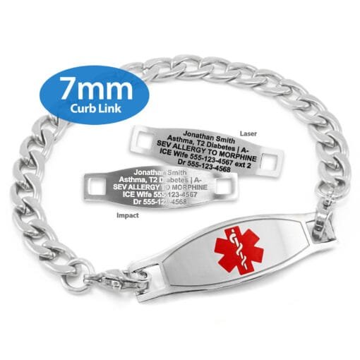 Curb Link Bracelet in 316L Stainless Steel with Medical ID Tag - 7mm (CS7-2)