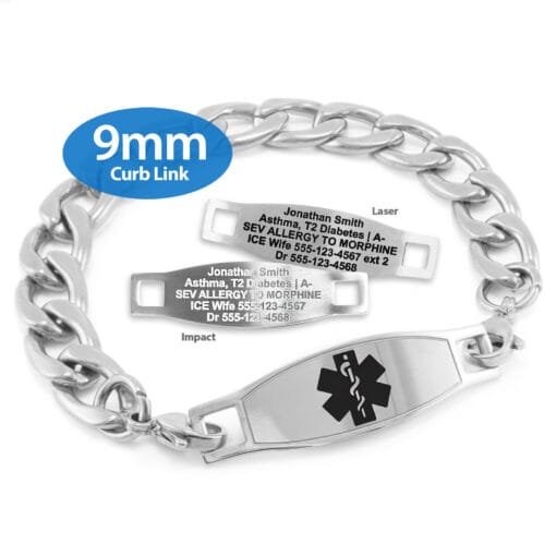 Curb Link Bracelet in 316L Stainless Steel with Medical ID Tag - 9mm (CS9-2)