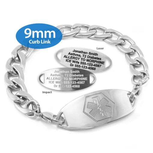 Curb Link Bracelet in 316L Stainless Steel with Medical ID Tag - 9mm (CS9-1)