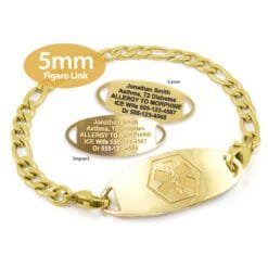 Figaro Link Bracelet in 316L Stainless Steel Yellow Gold Finish with Medical ID Tag - 5mm (FG5-1)