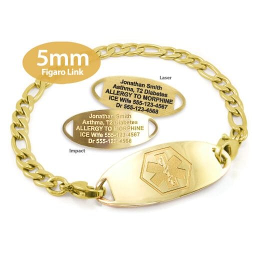 Figaro Link Bracelet in 316L Stainless Steel Yellow Gold Finish with Medical ID Tag - 5mm (FG5-1)