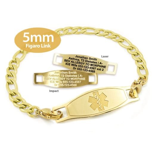 Figaro Link Bracelet in 316L Stainless Steel Yellow Gold Finish with Medical ID Tag - 5mm (FG5-2)