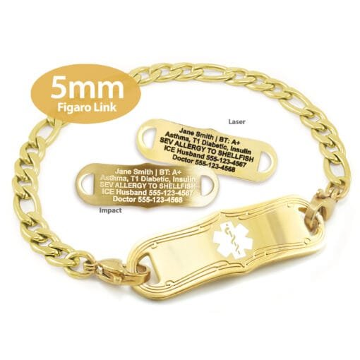 Figaro Link Bracelet in 316L Stainless Steel Yellow Gold finish with Medical ID Tag - 5mm (FG5-3)