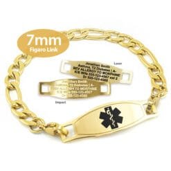 Figaro Link Bracelet in 316L Stainless Steel Yellow Gold Finish with Medical ID Tag - 7mm (FG7-2)