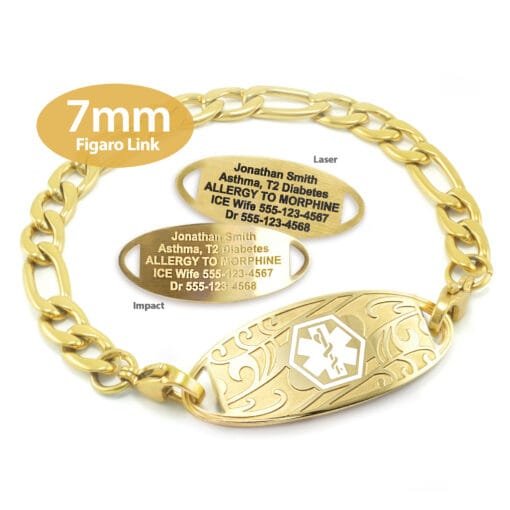 Figaro Link Bracelet in 316L Stainless Steel Yellow Gold Finish with Medical ID Tag - 7mm (FG7-1)