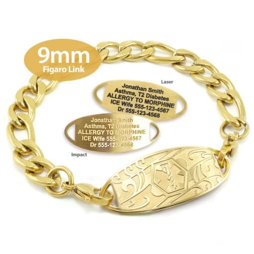 Figaro Link Bracelet in 316L Stainless Steel Yellow Gold Finish with Medical ID Tag - 9mm (FG9-1)