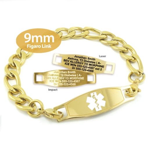 Figaro Link Bracelet in 316L Stainless Steel Yellow Gold Finish with Medical ID Tag - 9mm (FG9-2)