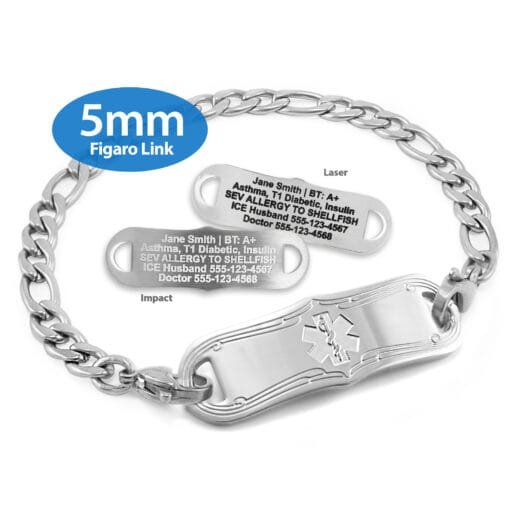 Figaro Link Bracelet in 316L Stainless Steel with Medical ID Tag - 5mm (FS5-3)