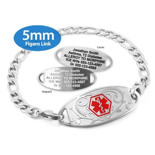 Figaro Link Bracelet in 316L Stainless Steel with Medical ID Tag - 5mm (FS5-1)