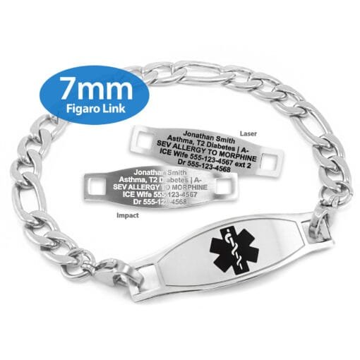 Figaro Link Bracelet in 316L Stainless Steel with Medical ID Tag - 7mm (FS7-2)