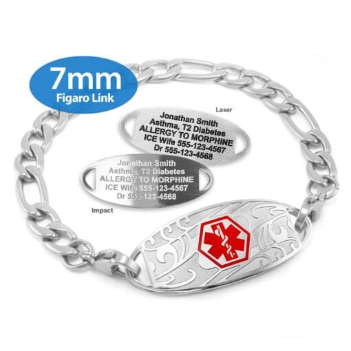 Figaro Link Bracelet in 316L Stainless Steel with Medical ID Tag - 7mm (FS7-1)