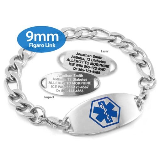 Figaro Link Bracelet in 316L Stainless Steel with Medical ID Tag - 9mm (FS9-1)