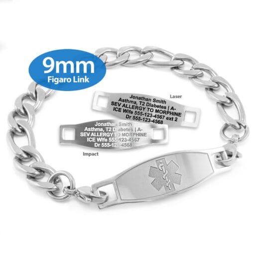 Figaro Link Bracelet in 316L Stainless Steel with Medical ID Tag - 9mm (FS9-2)