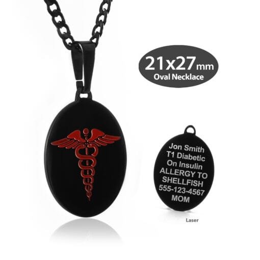 LOVL-BRD - 316L Stainless Steel Black Finish 21x27mm Red Oval Necklace with Custom sized 3mm Curb Link Chain - Engraving Included