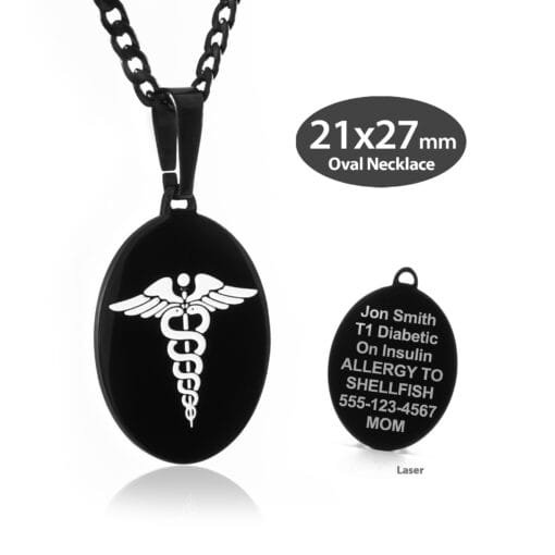 LOVL-BWT - 316L Stainless Steel Black Finish 21x27mm White Oval Necklace with Custom sized 3mm Curb Link Chain - Engraving Included