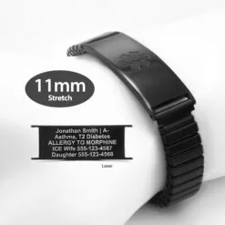 Expandable Stretch Band in 316L Stainless Steel Black Finish with Discreet Embossed Medical ID Tag - 11mm (ST11-BEM)