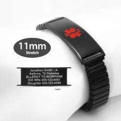 Expandable Stretch Band in 316L Stainless Steel Black Finish with Red Enamel Medical ID Tag - 11mm (ST11-BRD)