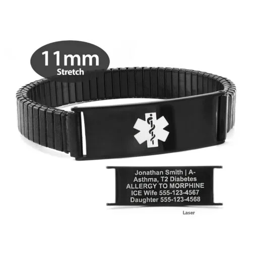 Expandable Stretch Band in 316L Stainless Steel Black Finish with White Enamel Medical ID Tag - 11mm (ST11-BWT) - Image 3