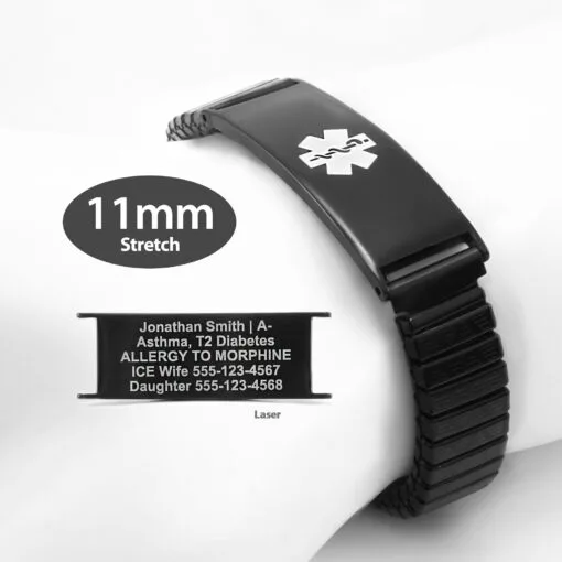 Expandable Stretch Band in 316L Stainless Steel Black Finish with White Enamel Medical ID Tag - 11mm (ST11-BWT)