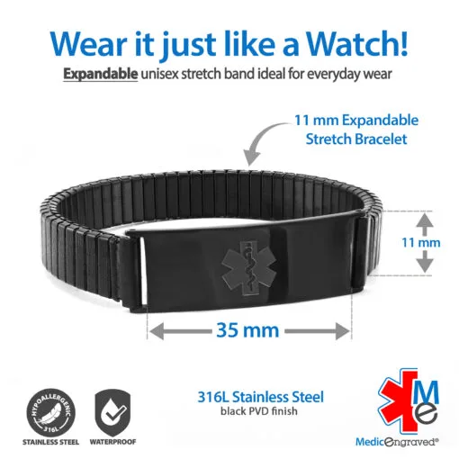 Expandable Stretch Band in 316L Stainless Steel Black Finish with White Enamel Medical ID Tag - 11mm (ST11-BWT) - Image 5