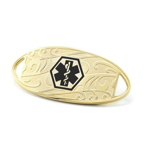 Medical ID Tag in 316L Stainless Steel Yellow Gold Finish with Black Enamel Filigree Logo (TAG-GBF1)