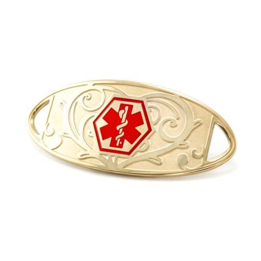 Medical ID Tag in 316L Stainless Steel Yellow Gold Finish with Red Enamel Heart Filigree Logo (TAG-GRH1)