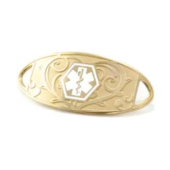 Medical ID Tag in 316L Stainless Steel Yellow Gold Finish with White Enamel Heart Filigree Logo (TAG-GWH1)