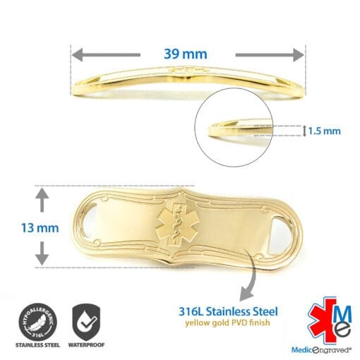 Medical ID Tag in 316L Stainless Steel Yellow Gold Finish with Red Enamel Logo (TAG-GRD3) - Image 3