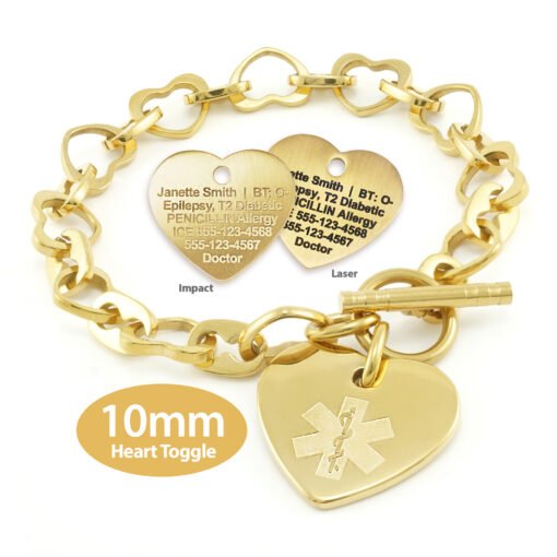 Heart Link 10mm Toggle Bracelet in 316L Stainless Steel Yellow Gold Finish with 24x26mm Heart Medical ID Charm (THT10-GEM) - Image 3