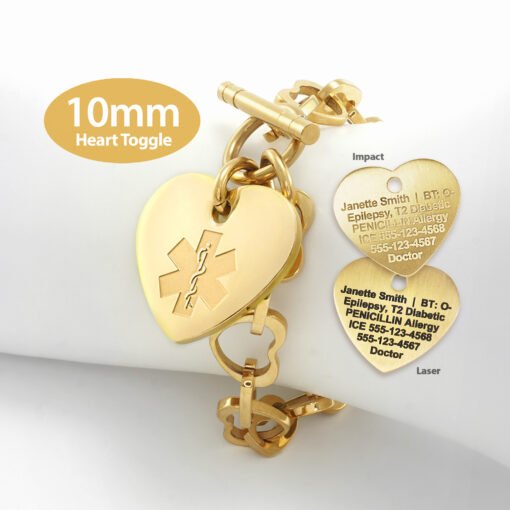 Heart Link 10mm Toggle Bracelet in 316L Stainless Steel Yellow Gold Finish with 24x26mm Heart Medical ID Charm (THT10-GEM)