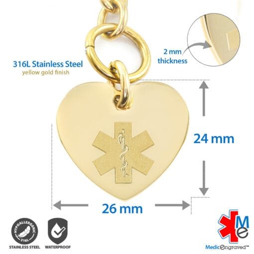 Heart Link 10mm Toggle Bracelet in 316L Stainless Steel Yellow Gold Finish with 24x26mm Heart Medical ID Charm (THT10-GEM) - Image 5