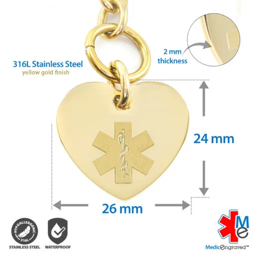 Heart Link 10mm Toggle Bracelet in 316L Stainless Steel Yellow Gold Finish with 24x26mm Heart Medical ID Charm (THT10-GEM) - Image 5