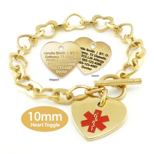 Heart Link 10mm Toggle Bracelet in 316L Stainless Steel Yellow Gold Finish with 24x26mm Heart Medical ID Charm (THT10-GRD) - Image 3