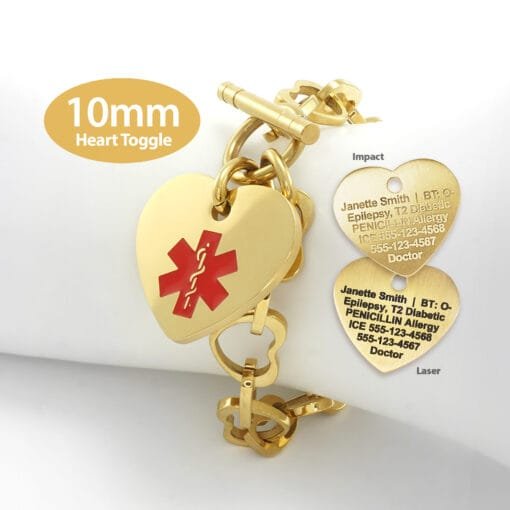 Heart Link 10mm Toggle Bracelet in 316L Stainless Steel Yellow Gold Finish with 24x26mm Heart Medical ID Charm (THT10-GRD)