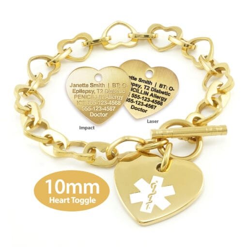 Heart Link 10mm Toggle Bracelet in 316L Stainless Steel Yellow Gold Finish with 24x26mm Heart Medical ID Charm (THT10-GWT) - Image 3