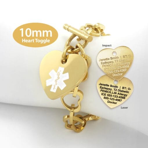 Heart Link 10mm Toggle Bracelet in 316L Stainless Steel Yellow Gold Finish with 24x26mm Heart Medical ID Charm (THT10-GWT)