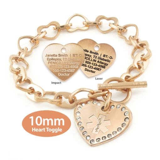 Heart Link 10mm Toggle Bracelet in 316L Stainless Steel Rose Gold Finish with 24x26mm Heart Medical ID Charm w/Crystals (THT10-REMSS) - Image 3