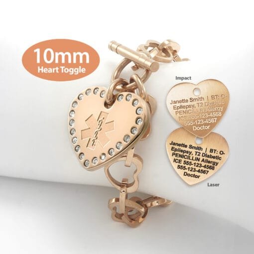 Heart Link 10mm Toggle Bracelet in 316L Stainless Steel Rose Gold Finish with 24x26mm Heart Medical ID Charm w/Crystals (THT10-REMSS)