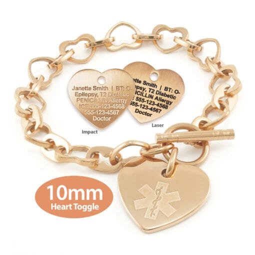 Heart Link 10mm Toggle Bracelet in 316L Stainless Steel Rose Gold Finish with 24x26mm Heart Medical ID Charm (THT10-REM) - Image 3