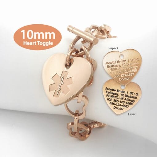 Heart Link 10mm Toggle Bracelet in 316L Stainless Steel Rose Gold Finish with 24x26mm Heart Medical ID Charm (THT10-REM)