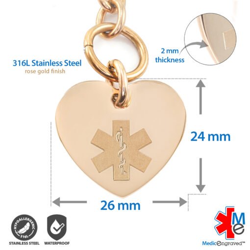 Heart Link 10mm Toggle Bracelet in 316L Stainless Steel Rose Gold Finish with 24x26mm Heart Medical ID Charm (THT10-RRD) - Image 5