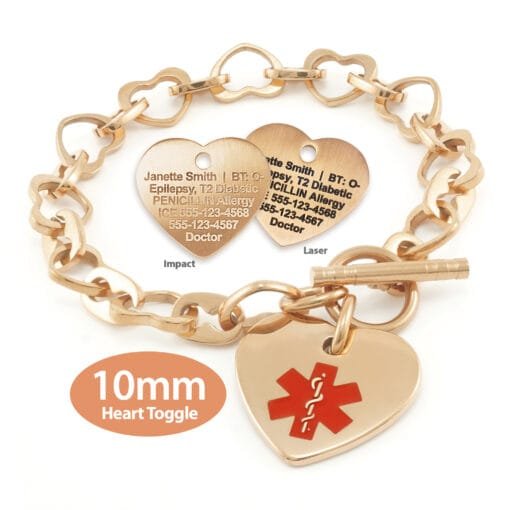 Heart Link 10mm Toggle Bracelet in 316L Stainless Steel Rose Gold Finish with 24x26mm Heart Medical ID Charm (THT10-RRD) - Image 3