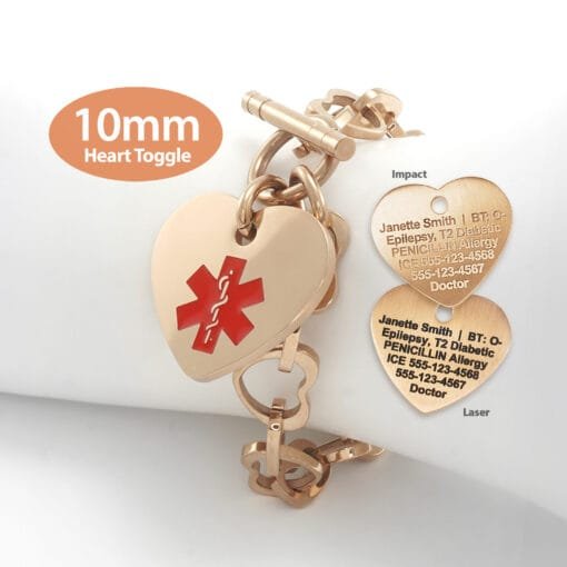 Heart Link 10mm Toggle Bracelet in 316L Stainless Steel Rose Gold Finish with 24x26mm Heart Medical ID Charm (THT10-RRD)